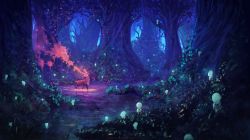 Rule 34 | absurdres, anato finnstark, artist name, blue theme, commentary, creature, deer, english commentary, forest, highres, mononoke hime, nature, no humans, pond, ripples, river, scenery, tree