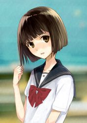Rule 34 | 1girl, ashiya hiro, black sailor collar, blue sky, blurry, blurry background, blush, bob cut, bow, bowtie, brown eyes, brown hair, collarbone, commentary request, day, depth of field, head tilt, highres, holding, holding hair, looking at viewer, nose blush, original, outdoors, parted lips, red bow, red bowtie, sailor collar, school uniform, serafuku, shirt, short sleeves, sky, solo, upper body, white shirt