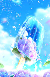 Rule 34 | absurdres, artist name, bubble, cloud, cloudy sky, day, dessert, falling petals, flower, food, highres, ice cream, leaf, makoron117117, melting, no humans, original, petals, plant, reflection, reflective water, scenery, signature, sky, transparent, water drop, wood