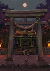 Rule 34 | 1girl, architecture, arm behind back, black footwear, commentary request, east asian architecture, from side, full moon, furude rika, higurashi no naku koro ni, japanese clothes, kneehighs, lantern, long hair, looking at viewer, moon, night, noriuma, outdoors, pleated skirt, scenery, shirt, shoes, short sleeves, shrine, skirt, socks, solo, standing, suspender skirt, suspenders, torii, tree, white socks, wide shot