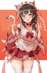Rule 34 | 1girl, animal ears, assault lily, bell, black hair, blush, bow, bowtie, breasts, cat ears, cat tail, cleavage, fake animal ears, gohei, green eyes, hair ribbon, highres, jingle bell, looking at viewer, maid headdress, michairu, nontraditional miko, open mouth, ribbon, ribbon-trimmed sleeves, ribbon trim, solo, standing, tail, thighhighs, wang yujia, white thighhighs, zettai ryouiki