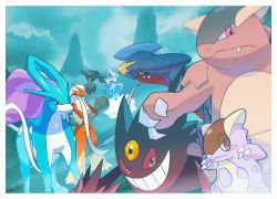 Rule 34 | absurdres, black sclera, blaziken, blue eyes, blurry, blush stickers, border, closed mouth, cloud, colored sclera, commentary request, creatures (company), crossed arms, day, fang, fang out, fangs, fangs out, film grain, furry, game freak, garchomp, gen 1 pokemon, gen 2 pokemon, gen 3 pokemon, gen 4 pokemon, gen 5 pokemon, gengar, highres, kangaskhan, legendary pokemon, looking at viewer, mega gengar, mega pokemon, nintendo, outdoors, pokemon, pokemon (creature), red eyes, saiku (zvlku), sky, smile, standing, suicune, teeth, thundurus, white border, yellow eyes, yellow sclera