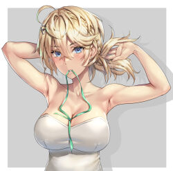 Rule 34 | 1girl, adjusting hair, blonde hair, blue eyes, breasts, cleavage, earrings, hair between eyes, hair ornament, hairclip, jewelry, kantai collection, kokuzou, large breasts, looking at viewer, medium hair, mouth hold, solo, strapless, stud earrings, tuscaloosa (kancolle), upper body