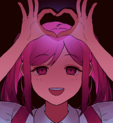 Rule 34 | 1girl, black background, collared shirt, commentary request, hasu art, heart, heart hands, heart in heart hands, highres, long hair, looking up, omori, open mouth, perfectheart (omori), pink eyes, pink hair, shirt, short sleeves, smile, solo, swept bangs, tan, teeth, twintails, upper teeth only, white shirt