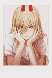 Rule 34 | + +, 1girl, blonde hair, blush, chainsaw man, closed mouth, commentary, cross-shaped pupils, demon horns, eyes visible through hair, fang, fang out, hair between eyes, hands on own cheeks, hands on own face, highres, horns, hoshi san 3, long hair, looking at viewer, photo (medium), power (chainsaw man), red eyes, shirt, short sleeves, simple background, smile, solo, straight hair, symbol-shaped pupils, t-shirt, upper body, white background, white shirt