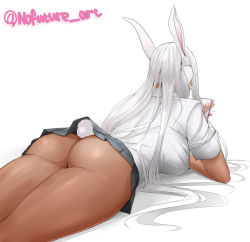 Rule 34 | 1girl, animal ears, ass, blouse, boku no hero academia, butt crack, cellphone, dark-skinned female, dark skin, facing away, female focus, highres, lying, mirko, no panties, nofuture, on stomach, phone, rabbit ears, rabbit girl, rabbit tail, shirt, sleeves rolled up, smartphone, solo, tail, tail wagging, thick thighs, thighs, white background, white shirt