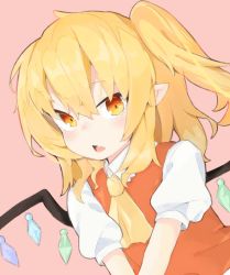 Rule 34 | 1girl, blonde hair, crystal, fang, flandre scarlet, kae karee, looking at viewer, no headwear, open mouth, pink background, pointy ears, red eyes, red vest, shirt, short sleeves, side ponytail, simple background, skin fang, solo, touhou, upper body, vest, white shirt, wings, yellow neckwear