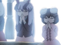 Rule 34 | 3girls, animal ears, blazer, brown hair, commentary request, dress, closed eyes, inaba tewi, jacket, long hair, long sleeves, multiple girls, one eye closed, own hands together, pink dress, pink skirt, praying, purple hair, rabbit ears, red eyes, reisen udongein inaba, shirosato, short hair, simple background, skirt, touhou, very long hair, white background, white hair, wide sleeves, yagokoro eirin