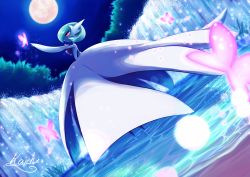 Rule 34 | absurdres, bug, butterfly, closed mouth, commentary request, creatures (company), game freak, gardevoir, gen 3 pokemon, highres, huge filesize, bug, kaichi (tomiyu25), lens flare, mega gardevoir, mega pokemon, moon, night, nintendo, outdoors, pokemon, pokemon (creature), red eyes, signature, sky, smile, solo, standing, wading, water, waterfall