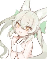 Rule 34 | 1girl, :d, animal ear fluff, animal ears, art556 (girls&#039; frontline), bad id, bad pixiv id, bow, brown eyes, collarbone, commentary request, dokomon, fang, girls&#039; frontline, gloves, green bow, grey hair, hair between eyes, hair bow, hands up, highres, korean commentary, long hair, looking at viewer, nude, open mouth, own hands together, simple background, smile, solo, twintails, very long hair, white background, white gloves