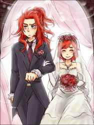 Rule 34 | 00s, 1boy, 1girl, aqua eyes, bare shoulders, blush, breasts, bridal veil, brother and sister, dress, elbow gloves, closed eyes, flower, formal, frills, gloves, happy, jewelry, long hair, necklace, necktie, pants, red hair, seles wilder, short hair, siblings, smile, suit, tales of (series), tales of symphonia, tears, veil, wedding, wedding dress, zelos wilder