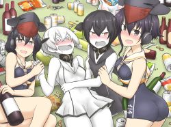 Rule 34 | 10s, 4girls, :d, @ @, abyssal ship, abyssal twin princess (black), ass, beer can, black hair, blush, bottle, brown eyes, can, chips (food), colored skin, drink can, drooling, drunk, food, framed breasts, grabbing, grabbing another&#039;s breast, grey eyes, hamu koutarou, headgear, headphones, highres, i-13 (kancolle), i-14 (kancolle), kantai collection, looking at viewer, lying, multiple girls, night strait princess (white), open mouth, potato chips, sake bottle, school swimsuit, school uniform, seiza, serafuku, short hair, siblings, sisters, sitting, smile, snack, sweat, swimsuit, swimsuit under clothes, twins, unconscious, white hair, white skin