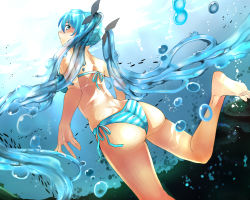 Rule 34 | 1girl, ass, barefoot, bikini, blue hair, bubble, eiji (eiji), feet, female focus, from behind, hatsune miku, long hair, looking at viewer, looking back, side-tie bikini bottom, soles, solo, striped bikini, striped clothes, swimsuit, toes, twintails, underwater, very long hair, vocaloid