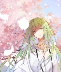 Rule 34 | androgynous, enkidu (fate), fate/strange fake, fate (series), gender request, green eyes, green hair, head tilt, highres, long hair, looking at viewer, mom 29 mom, petals, robe, solo, white robe