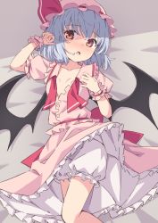 Rule 34 | 1girl, :o, arm up, bat wings, bloomers, blue hair, blush, bow, breasts, commentary request, dress, fang, feet out of frame, hands up, hat, hat bow, highres, looking to the side, mob cap, nose blush, on bed, open mouth, petticoat, pink dress, pink hat, puffy short sleeves, puffy sleeves, red bow, red eyes, remilia scarlet, short hair, short sleeves, skin fang, small breasts, solo, touhou, toutou (soyarrow), underwear, upskirt, wings, wrist cuffs