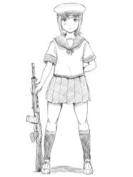 Rule 34 | 1girl, arm behind back, character name, commentary request, firearm request, fubuki (kancolle), full body, greyscale, gun, hat, highres, kantai collection, kneehighs, looking at viewer, low ponytail, monochrome, pleated skirt, ponytail, rifle, sailor hat, school uniform, serafuku, short ponytail, sidelocks, sketch, skirt, socks, solo, standing, vent arbre, weapon