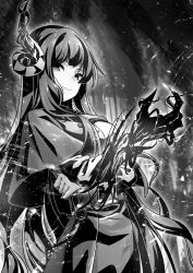Rule 34 | 1girl, absurdres, capelet, closed mouth, cowboy shot, de da xianyu, demon horns, dress, fantasy, greyscale, half-closed eyes, hand up, highres, horns, long hair, looking at viewer, magic, monochrome, original, single horn, smile, solo