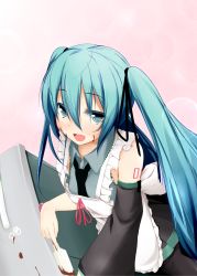 Rule 34 | 1girl, apron, aqua eyes, aqua hair, chocolate, dd mayohara, detached sleeves, food, food on face, hair ribbon, hatsune miku, long hair, looking at viewer, necktie, open mouth, ribbon, solo, twintails, very long hair, vocaloid