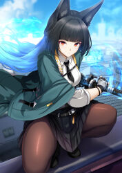 1girl animal_ear_fluff animal_ears black_footwear black_gloves black_hair black_necktie black_pantyhose black_skirt blunt_bangs breasts commentary_request daiaru fingerless_gloves fox_ears fox_girl gloves glowing glowing_hair glowing_weapon green_jacket highres hoshimi_miyabi jacket japanese_clothes katana long_hair looking_at_viewer necktie on_rooftop outdoors pantyhose parted_lips red_eyes sheath shirt single_fingerless_glove skirt solo squatting sword unsheathing weapon white_shirt zenless_zone_zero