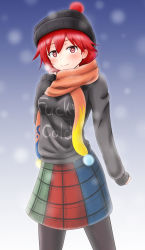 Rule 34 | 1girl, adapted costume, black sweater, blush, clothes writing, hecatia lapislazuli, highres, knit hat, looking at viewer, migi ma hidari, miniskirt, multicolored clothes, multicolored skirt, pantyhose, profanity, red eyes, red hair, scarf, short hair, skirt, smile, snow, solo, sweater, touhou