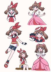Rule 34 | 1girl, alternate hairstyle, bandana, bike shorts, blue eyes, blush stickers, bow, brown hair, closed mouth, creatures (company), dress, eating, fanny pack, food, game freak, gloves, hair bow, highres, holding, holding poke ball, looking at viewer, may (pokemon), medium hair, miin (toukotouya), multiple views, nintendo, one eye closed, onigiri, open mouth, own hands clasped, own hands together, pink dress, poke ball, poke ball (basic), pokemon, pokemon (anime), pokemon rse (anime), simple background, sitting, smile, twintails, white background