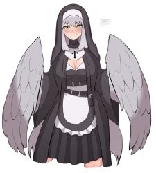 Rule 34 | 1girl, artist name, blush, breasts, cleavage, commission, feathered wings, freddyhalloween, grey feathers, grey hair, grey wings, habit, highres, large breasts, long hair, looking at viewer, nun, original, simple background, smile, solo, white background, winged arms, wings, yellow eyes