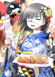 Rule 34 | 1girl, absurdres, asymmetrical bangs, blue kimono, brown hair, commentary request, cowboy shot, day, eyepatch, facing viewer, floating, floating hair, flower, food, food on face, giba ryan, hair flower, hair ornament, hand up, hatsumoude, highres, holding, holding food, incoming food, japanese clothes, kimono, long sleeves, medical eyepatch, new year, obi, obijime, omikuji, one eye closed, one eye covered, open mouth, orca, orca hair ornament, original, outdoors, print kimono, sash, seigaiha, short hair, smile, solo, steam, takoyaki, tiger hair ornament, wide sleeves