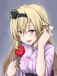 Rule 34 | 10s, 1girl, alternate costume, blonde hair, blue eyes, braid, breasts, candy apple, crown, food, french braid, hairband, highres, ippachi, japanese clothes, kantai collection, kimono, large breasts, long hair, mini crown, solo, tongue, tongue out, warspite (kancolle), yukata