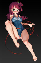 Rule 34 | 1girl, asymmetrical hair, bad id, bad pixiv id, barefoot, blush, breasts, cameltoe, covered erect nipples, covered navel, ddal, face, feet, green eyes, hair ornament, large breasts, long hair, one-piece swimsuit, open mouth, original, ponytail, red hair, ribbon, school swimsuit, side ponytail, solo, sweat, swimsuit, toes