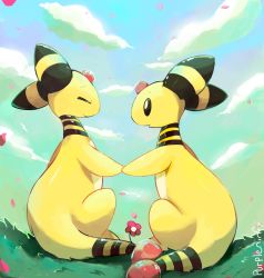 Rule 34 | absurdres, ampharos, artist name, black sclera, cloud, colored sclera, commentary, commission, creatures (company), closed eyes, flower, game freak, gen 2 pokemon, grass, holding hands, highres, nintendo, no humans, outdoors, petals, pokemon, pokemon (creature), purpleninfy, sitting, sky, white eyes