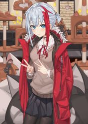 Rule 34 | 1girl, absurdres, admiral graf spee (azur lane), alternate costume, alternate hairstyle, azur lane, beige sweater, black cat, black choker, black pantyhose, black skirt, blue eyes, cafe, cat, choker, collared shirt, commentary, cowboy shot, double v, grin, highres, indoors, jacket, jacket on shoulders, leaning forward, looking at viewer, multicolored hair, neck ribbon, page&#039;as, pantyhose, pleated skirt, red jacket, red ribbon, ribbon, shirt, short hair, sidelocks, skirt, smile, solo, standing, streaked hair, sweater, teeth, v, v-neck, white hair, white shirt