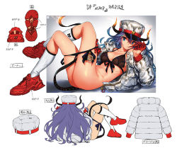 Rule 34 | 1girl, ass, bikini, biting, blue eyes, bra, breasts, concept art, demon tail, fire, fire, flaming horns, glove biting, glove pull, gloves, gradient hair, hat, horns, jacket, kneehighs, long hair, long sleeves, looking at viewer, lying, multicolored hair, multiple views, on side, open clothes, original, ornament, panties, panty pull, red footwear, red gloves, ribs, saitou masatsugu, shoes, sketch, sleeves past wrists, sneakers, socks, swimsuit, tail, translation request, underwear, white socks