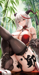 Rule 34 | 1girl, aegir (azur lane), aegir (golden dragon among auspicious clouds) (azur lane), ass, azur lane, bamboo, bare shoulders, black gloves, black panties, black thighhighs, blurry, breasts, china dress, chinese clothes, cleavage, depth of field, dragon girl, dragon horns, dress, feet, foot out of frame, gloves, hair on horn, highres, holding, holding brush, holding paintbrush, horns, incense, large breasts, leg up, liu liaoliao, long hair, looking at viewer, multicolored hair, no shoes, official alternate costume, paint on body, paintbrush, panties, parted lips, red dress, red hair, see-through, see-through legwear, sitting, sleeveless, sleeveless dress, smile, solo, spread toes, streaked hair, thighhighs, thighs, toes, underwear, very long hair, white hair, yellow eyes