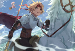 Rule 34 | 1boy, 1girl, arche klein, armor, blonde hair, blue eyes, broom, brown eyes, cape, cloud, cress albane, elbow gloves, flying, gloves, headband, highres, holding, holding polearm, holding weapon, horse, horseback riding, long hair, looking ahead, male focus, pants, pink hair, pink pants, polearm, ponytail, red cape, riding, short hair, sky, tales of (series), tales of phantasia, urabe (mstchan), weapon, wide ponytail