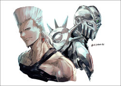 Rule 34 | 1boy, armor, bare shoulders, black tank top, broken heart, closed mouth, commentary request, cropped torso, earrings, heart, heart earrings, helmet, jean pierre polnareff, jewelry, jojo no kimyou na bouken, k-suwabe, looking at viewer, male focus, pectorals, short hair, silver chariot, silver hair, simple background, smile, spikes, stand (jojo), stardust crusaders, tank top, twitter username, upper body, white background