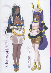 Rule 34 | 2girls, absurdres, alternate costume, apron, black hair, blue eyes, bow, bracelet, breasts, bridal gauntlets, character name, cleavage, closed mouth, dark-skinned female, dark skin, detached collar, dress, earrings, enmaided, facial mark, fate/grand order, fate (series), fingernails, frills, full body, green eyes, hands on own hips, high heels, highres, hoop earrings, jewelry, large breasts, lips, long hair, long sleeves, looking at viewer, maid, maid headdress, makeup, medium breasts, miniskirt, multiple girls, nail polish, nitocris (fate), own hands together, parted bangs, pencil skirt, ponytail, puffy short sleeves, puffy sleeves, purple hair, red bow, scan, scheherazade (fate), shiny skin, short dress, short sleeves, sidelocks, simple background, skirt, smile, standing, thigh strap, thighhighs, toeless footwear, toes, waist apron, white background, white legwear, white skirt, yd (orange maru), yellow nails, zettai ryouiki