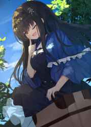 Rule 34 | 1girl, ;d, absurdres, black hair, black hairband, black shirt, black skirt, blue capelet, blue sky, blurry, blush, bone hair ornament, breasts, capelet, commentary, dappled sunlight, day, depth of field, feet out of frame, floating hair, frilled capelet, frills, hair between eyes, hair ornament, hairband, highres, index finger raised, kushima kamome, large breasts, light particles, long hair, looking at viewer, nodoameyatou, one eye closed, open mouth, outdoors, shirt, sitting, skirt, skull and crossbones, skull hair ornament, sky, smile, solo, suitcase, summer pockets, sunlight, yellow eyes