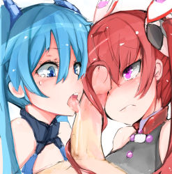 Rule 34 | 2girls, blue eyes, blue hair, blush, fellatio, frown, gender request, genderswap, hair ornament, hairjob, highres, licking, long hair, mitsuka souji, multiple girls, muoto, open mouth, oral, ore twintail ni narimasu, penis, penis on face, penis over one eye, purple eyes, red hair, saliva, simple background, tailblue, tailred, tears, tongue, tsube aika, twintails, uncensored