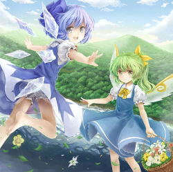 Rule 34 | 2girls, af-henrytz, barefoot, basket, bloomers, blue dress, blue eyes, blue hair, blue sky, bow, cirno, cloud, daiyousei, day, dress, fairy wings, flower, flying sweatdrops, forest, green eyes, green hair, hair bow, highres, ice, ice wings, lake, looking at viewer, looking back, mountain, multiple girls, nature, open mouth, outstretched arms, puffy sleeves, shirt, short sleeves, side ponytail, sky, smile, touhou, underwear, wings