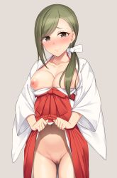 Rule 34 | absurdres, blush, breasts, character request, clothes lift, clothes pull, dress pull, embarrassed, female focus, green hair, hair ribbon, highres, hiiragi hazime, idolmaster, japanese clothes, large breasts, looking at viewer, miko, ponytail, pussy, ribbon, skirt, skirt lift, smile
