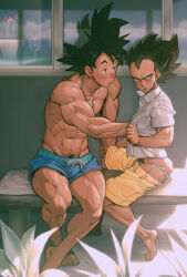 Rule 34 | 2boys, abs, ass, bara, biceps, blue shorts, blush, briefs, clothes pull, couple, dragon ball, dragonball z, fundoshi, furrowed brow, grabbing, grabbing another&#039;s arm, hand under clothes, japanese clothes, large pectorals, long sideburns, looking to the side, male focus, male pubic hair, male underwear, male underwear peek, male underwear pull, multiple boys, muscular, muscular male, navel, nipples, on bench, pectoral grab, pectorals, pubic hair, pubic hair peek, receding hairline, short hair, shorts, shorts pull, shy, sideburns, sitting, son goku, spiked hair, stomach, supobi, sweat, nervous sweating, thick eyebrows, thighs, underwear, vegeta, white male underwear, yaoi