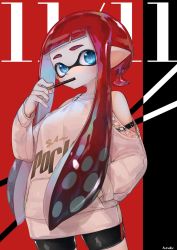 Rule 34 | 1girl, arm belt, artist name, bad id, bad twitter id, bare shoulders, belt, blue eyes, blunt bangs, clothing cutout, cowboy shot, dated, eating, food, food in mouth, hand in pocket, highres, inkling, inkling girl, inkling player character, kashu (hizake), looking at viewer, nintendo, pale skin, pocky, pocky day, pointy ears, red hair, short hair with long locks, shorts, shoulder cutout, sidelocks, signature, solo, splatoon (series), sweater, tentacle hair, thighs