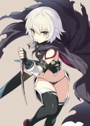 Rule 34 | 1girl, arm belt, bandaged arm, bandages, black gloves, black panties, black thighhighs, boots, cape, cleavage cutout, clothing cutout, crop top, dual wielding, facial scar, fate/apocrypha, fate/grand order, fate (series), fingerless gloves, flat chest, gloves, green eyes, grey background, highres, holding, icomochi, jack the ripper (fate/apocrypha), knife, lowleg, lowleg panties, panties, scar, scar across eye, scar on cheek, scar on face, shoulder tattoo, silver hair, simple background, single glove, solo, tattoo, thigh boots, thighhighs, underwear