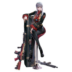Rule 34 | 1girl, assault rifle, beads, black footwear, black jacket, black pants, black survival, boots, breasts, chain, chair, closed mouth, crossed legs, earrings, emblem, eternal return: black survival, expressionless, gold trim, grey eyes, grey hair, gun, hand on own leg, hand up, haze (black survival), high heel boots, high heels, highres, hime cut, jacket, jewelry, leaf, long sleeves, looking at viewer, medium breasts, necklace, non-web source, official alternate costume, official art, open clothes, open jacket, pants, ponytail, prayer beads, red shirt, rifle, ring, rocket launcher, shirt, simple background, sitting, solo, sweater, turtleneck, turtleneck sweater, weapon, white background
