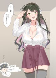 Rule 34 | 1boy, 1girl, admiral (kancolle), black hair, breasts, brown dress, cleavage, collared shirt, commentary request, cowboy shot, dress, dress shirt, green eyes, grey thighhighs, hair ribbon, hairband, halter dress, halterneck, highres, kantai collection, large breasts, long hair, multicolored hair, naganami (kancolle), naganami kai ni (kancolle), open clothes, open mouth, open shirt, pink hair, ribbon, sakurai nana (moshichi), salute, shirt, smile, spit take, spitting, standing, thighhighs, translation request, two-tone hair, untied dress, wavy hair, white hairband, white shirt