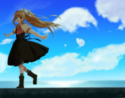 Rule 34 | 00s, air (visual novel), bad id, bad pixiv id, blonde hair, blue eyes, cloud, day, highres, kamio misuzu, long hair, outstretched arms, ponytail, restaint, school uniform, solo, spread arms