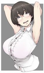 Rule 34 | 1girl, armpits, arms behind head, arms up, black hair, bra, bra peek, bra visible through clothes, breasts, glasses, grey background, grey eyes, highres, huge breasts, ina (gokihoihoi), looking at viewer, open mouth, original, purple bra, see-through, shirt, short hair, simple background, sleeveless, sleeveless shirt, smile, solo, underwear, upper body