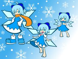 Rule 34 | 1girl, barefoot, blue eyes, blue hair, boots, cirno, cirno-nee, flat color, madou monogatari, parody, perfect cherry blossom, puyopuyo, puyopuyo fever, scarf, snowflakes, style parody, touhou, wings, y&amp;k