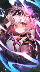 Rule 34 | 1girl, animal ears, arknights, black hairband, blush, bright pupils, cat ears, closed mouth, coat, collar, crying, crying with eyes open, electricity, female focus, goldenglow (arknights), hairband, hands in hair, hands up, highres, lightning bolt print, long hair, long sleeves, looking at viewer, messy hair, open clothes, open coat, orange eyes, pink coat, pink hair, ribiadan, shirt, solo, tears, upper body, white shirt
