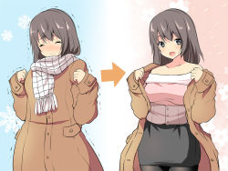 Rule 34 | 1girl, arrow (symbol), bare shoulders, before and after, black pantyhose, black skirt, blush, breasts, brown coat, closed mouth, coat, cold, collarbone, corset, cowboy shot, facing viewer, fringe trim, frown, gradient background, green eyes, large breasts, long hair, looking at viewer, maki (seventh heaven maxion), mole, mole under eye, motion lines, multiple views, off-shoulder shirt, off shoulder, open clothes, open coat, original, pantyhose, pencil skirt, pink shirt, scarf, shirt, skirt, sleeves past wrists, snowflakes, standing, tareme, tree, unbuttoned, undressing, w arms, white scarf, winter clothes, winter coat